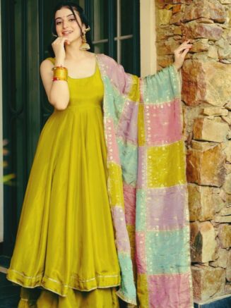 RjPoshak Mehndi Color Gown Palazzo Set with Organza Dupatta – Designer Festive & Party Wear