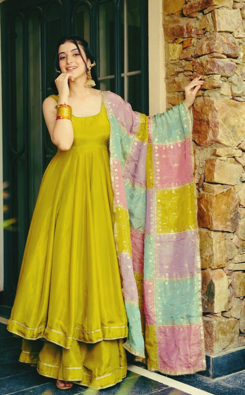 photo_2_2026-04-01_08-40-48 RjPoshak Mehndi Color Gown Palazzo Set with Organza Dupatta – Designer Festive & Party Wear