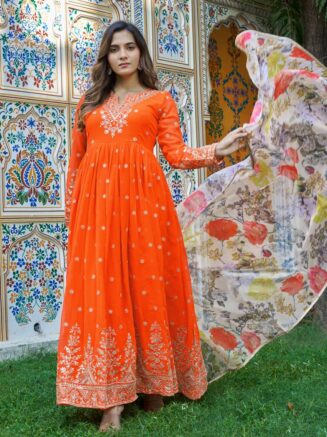 Designer Georgette Gown with Pant Set for Women – Sequins Work Festive Wear | RjPoshak