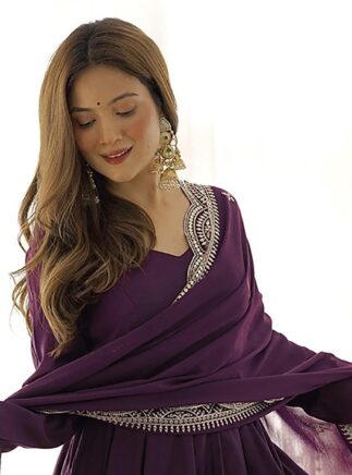 Wine Anarkali Gown with Dupatta – Georgette Solid Party Wear Dress | RjPoshak