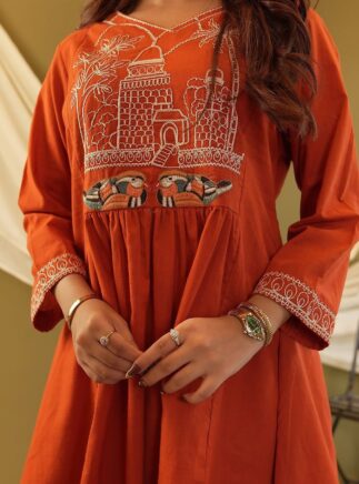 Orange Co-Ord Set for Women – Crepe Embroidered Kurta Pant Set | RjPoshak