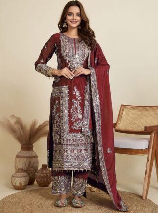 Maroon Black Sherwani Style Suit Set with Dupatta – Embroidered Festive Wear | RjPoshak