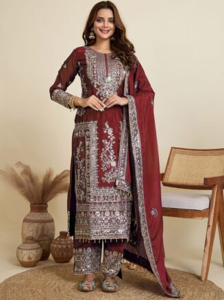 Maroon Black Sherwani Style Suit Set with Dupatta – Embroidered Festive Wear | RjPoshak