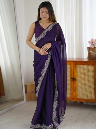 RjPoshak Purple Rangoli Saree with Banglori Blouse – Embroidered Party Wear Saree for Women