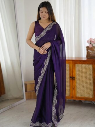 Home 24 RjPoshak Purple Rangoli Saree with Banglori Blouse – Embroidered Party Wear Saree for Women