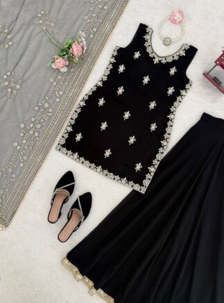 Designer Faux Georgette Palazzo Suit Set with Net Dupatta for Women | RjPoshak