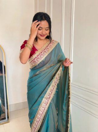 Firozi Fandy Saree with Designer Blouse I RjPoshak
