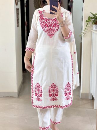 Off White Kurta Pant Dupatta Set for Women – Embroidered Summer Wear Suit | RjPoshak