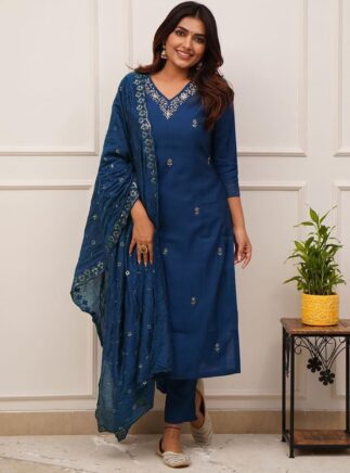 Cerulean Blue Kurta Pant Dupatta Set – Embroidered Tesla Fabric Suit | RjPoshak