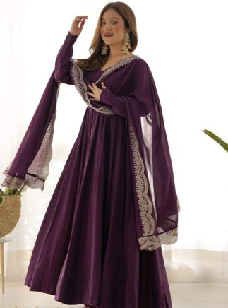 Wine Anarkali Gown with Dupatta – Georgette Solid Party Wear Dress | RjPoshak