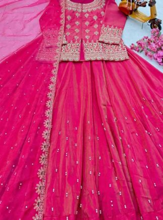 Pink Ready to Wear Lehenga Choli Set – Roman Silk Embroidered Party Wear | RjPoshak
