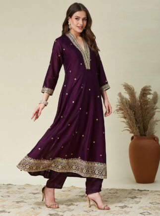 RjPoshak Aarya Anarkali Suit Set – Vichitra Embroidered Kurta Pant Dupatta | Festive & Party Wear