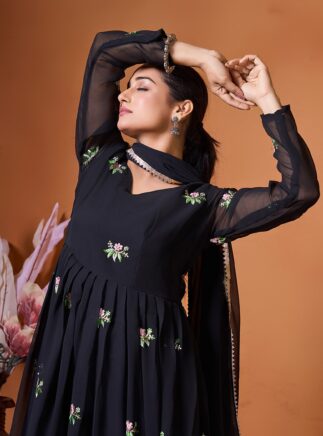 RjPoshak Black Anarkali Gown with Dupatta – Georgette Embroidered Party Wear Long Dress