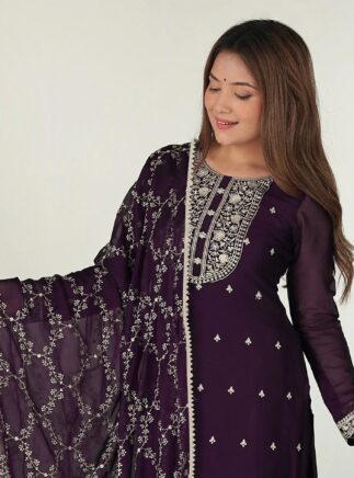 RjPoshak Purple Zilmil Kurta Set – Georgette Embroidered Kurta Pant Dupatta Set for Women