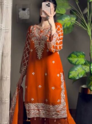 RjPoshak Designer Palazzo Set with Dupatta – Georgette Embroidered Kurta Palazzo Set for Women