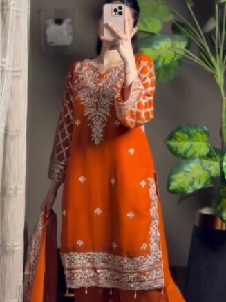 Home 24 RjPoshak Designer Palazzo Set with Dupatta – Georgette Embroidered Kurta Palazzo Set for Women