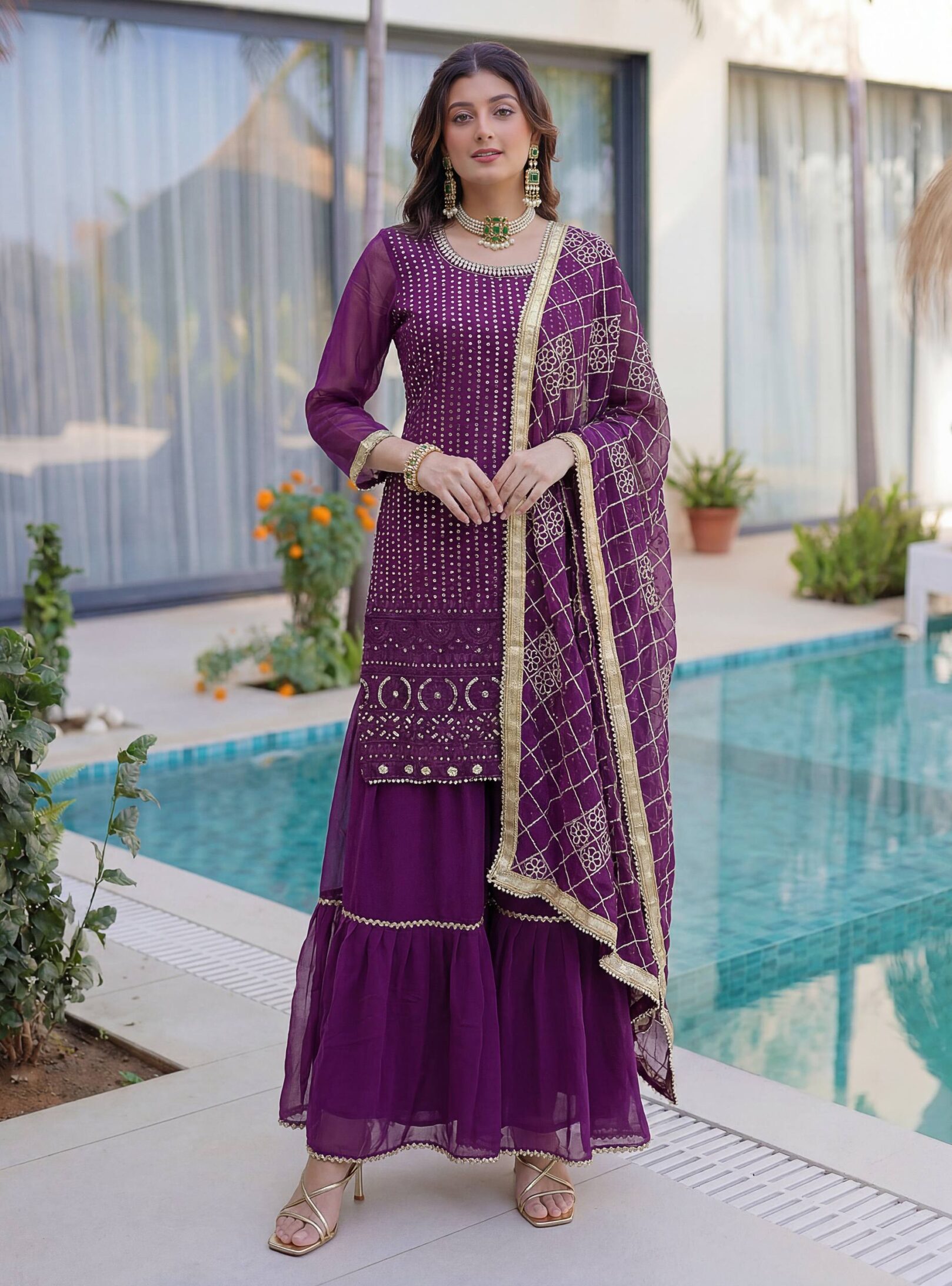 Designer Kurti Sharara Set for Women – Faux Georgette Embroidered Festive Wear | RjPoshak