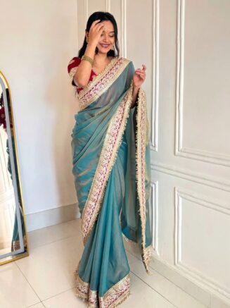 Firozi Fandy Saree with Designer Blouse I RjPoshak