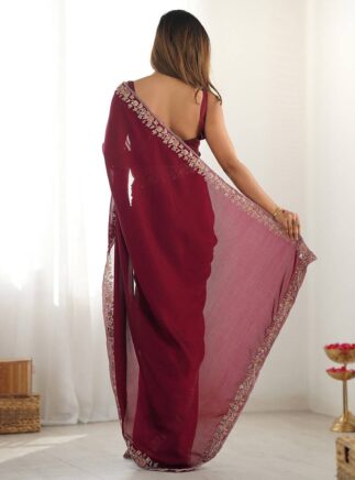 Wine Rangoli Saree with Silk Blouse – Embroidered Party Wear Saree | RjPoshak