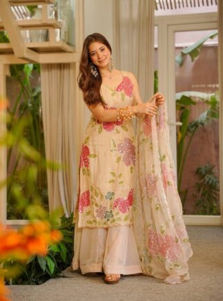 Designer Palazzo Set – Organza Silk Kurti Plazzo Dupatta Set with Sequence Work | Festive & Party Wear RjPoshak