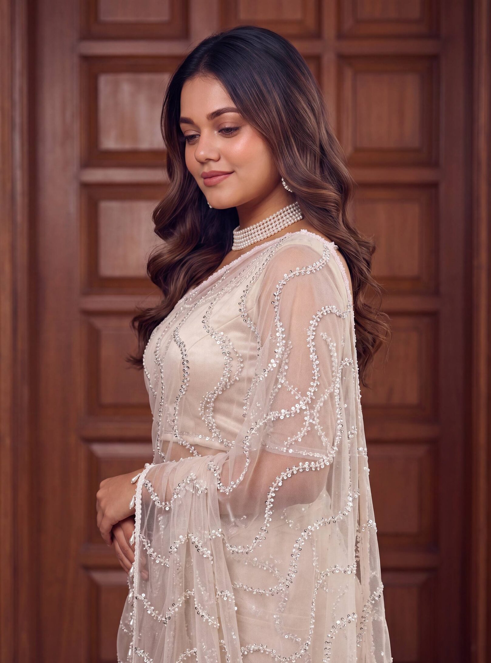 Net Handwork Saree with Pearl & Sequins I RjPoshak