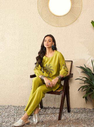 Mustard Co-Ord Set for Women – Crepe Embroidered Kurta Pant Set | RjPoshak