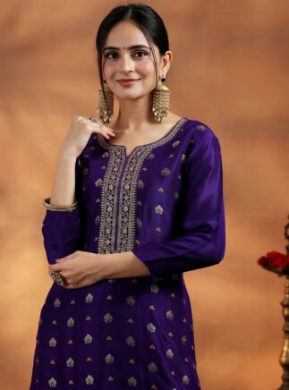 RjPoshak Violet Wooglee Suit Set – Art Silk Jacquard Weaving Kurta Pant Dupatta | Festive & Party Wear