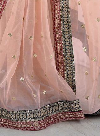 RjPoshak Peach Net Saree with Cerulean Banglori Blouse – Embroidered Party Wear Saree for Women