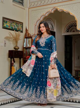 Designer Gown Pant Set – Georgette Sequence Work Gown with Organza Dupatta | Festive Wear RjPoshak