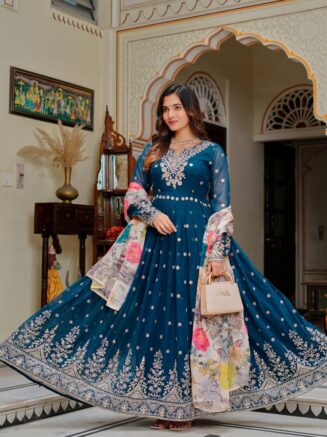 Designer Gown Pant Set – Georgette Sequence Work Gown with Organza Dupatta | Festive Wear RjPoshak