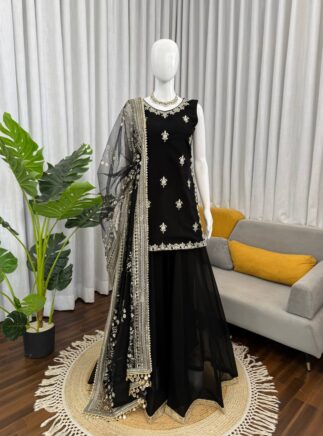 Designer Faux Georgette Palazzo Suit Set with Net Dupatta for Women | RjPoshak