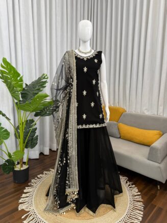 Designer Faux Georgette Palazzo Suit Set with Net Dupatta for Women | RjPoshak