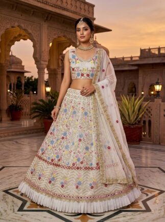 RjPoshak Faux Georgette Mirror Work Lehenga Choli