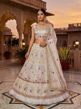 RjPoshak Faux Georgette Mirror Work Lehenga Choli