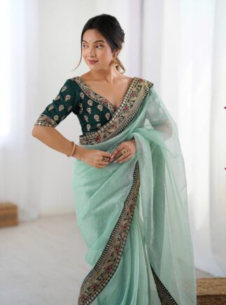 Sky Blue Net Saree with Blouse – Embroidered Wedding Wear Saree | RjPoshak