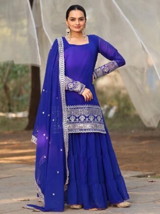 Royal Blue Sharara Set with Dupatta – Georgette Embroidered Kurta Set | RjPoshak