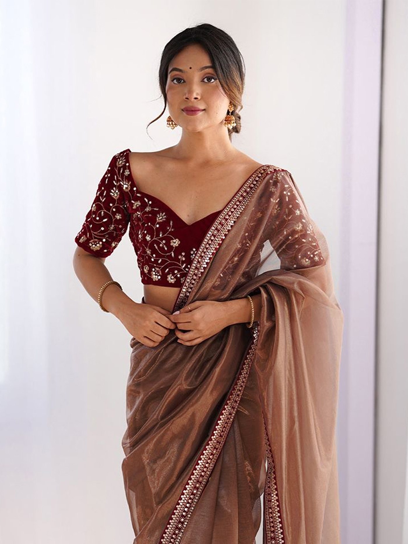 photo_6_2026-04-11_20-54-31 RjPoshak Brown Net Saree with Velvet Blouse – Embroidered Party Wear Saree for Women