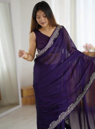 RjPoshak Purple Rangoli Saree with Banglori Blouse – Embroidered Party Wear Saree for Women