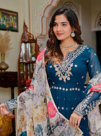 Designer Gown Pant Set – Georgette Sequence Work Gown with Organza Dupatta | Festive Wear RjPoshak