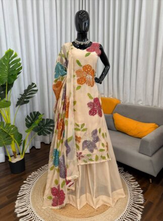 Designer Palazzo Set – Organza Silk Kurti Plazzo Dupatta Set with Sequence Work | Festive & Party Wear RjPoshak