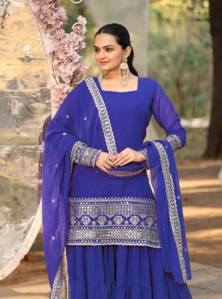 Royal Blue Sharara Set with Dupatta – Georgette Embroidered Kurta Set | RjPoshak