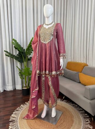 RjPoshak Designer Gold Crush Dhoti Suit Set with Mirror Work Dupatta