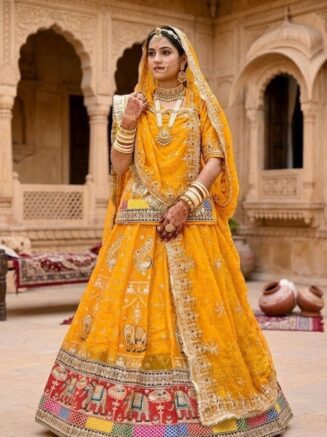 Home 20 Yellow Colour Heavy Gher Bridal Rajputi Poshak